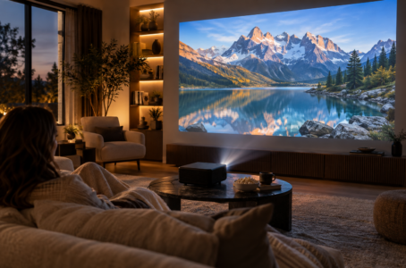 4K-Laserprojektor in einem modernen Wohnzimmer mit großer Landschaftsprojektion an der Wand