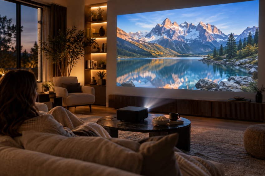 4K-Laserprojektor in einem modernen Wohnzimmer mit großer Landschaftsprojektion an der Wand