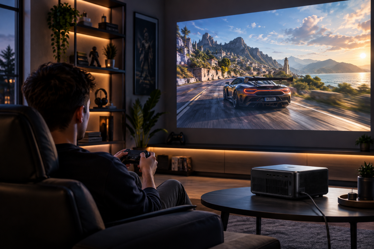 Gaming-Zimmer mit großformatiger Projektion eines Rennspiels und 4K-Projektor