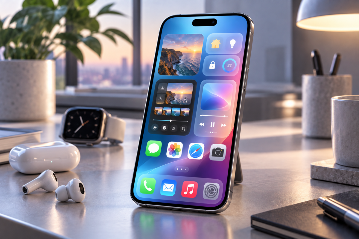 iPhone mit moderner iOS-27-Oberfläche neben AirPods und Apple Watch auf einem Schreibtisch