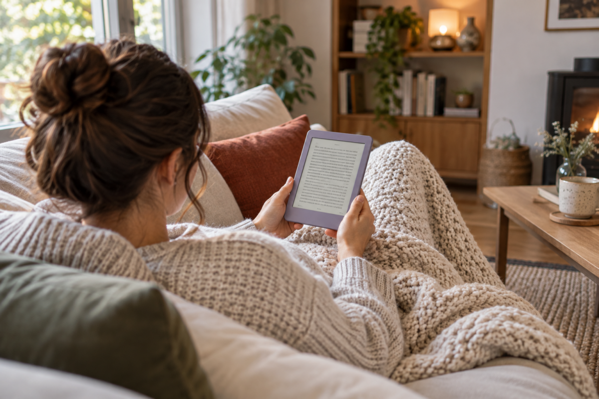 Frau liest entspannt auf dem Sofa mit einem violetten E-Reader