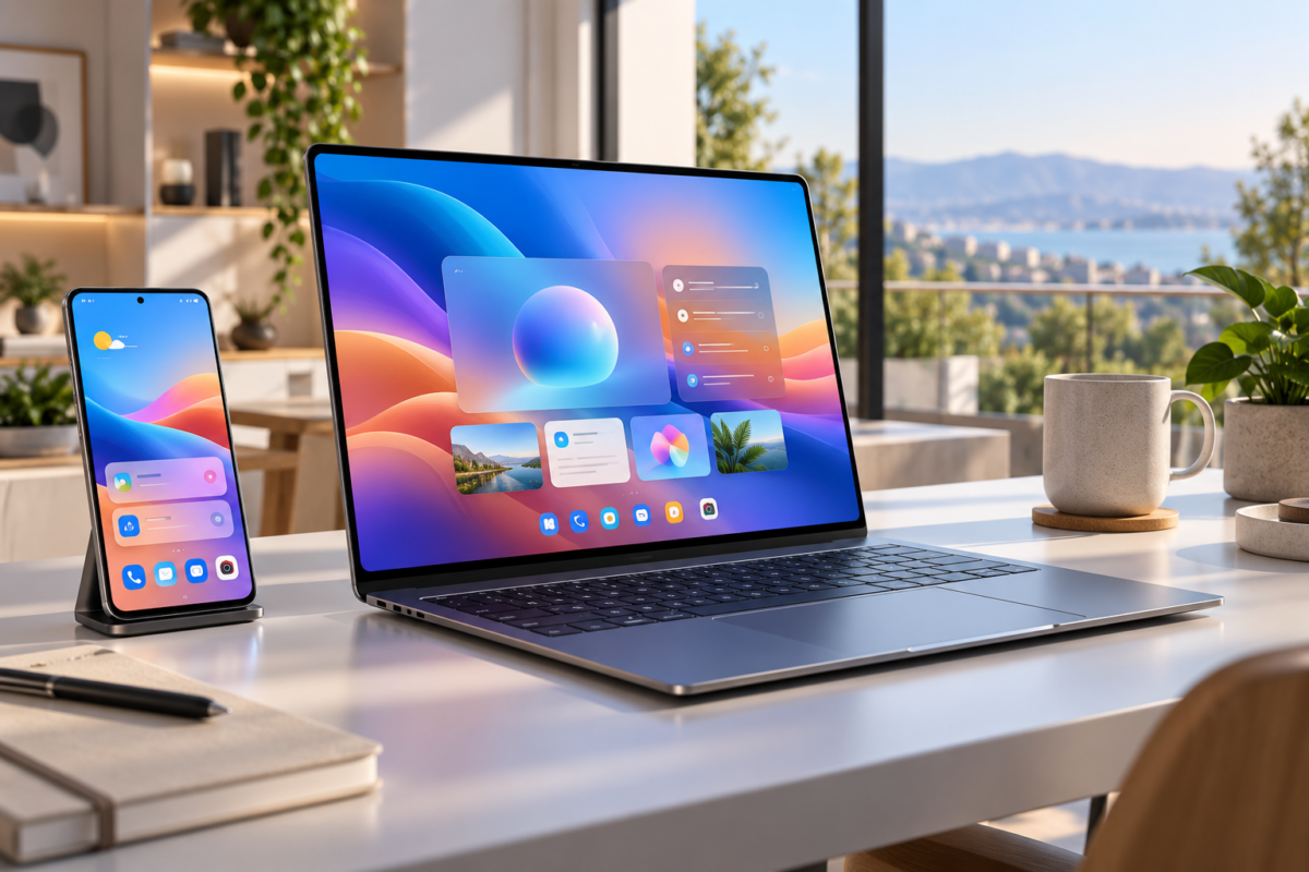 Moderner Laptop mit farbiger Benutzeroberfläche neben einem Android-Smartphone auf einem Schreibtisch
