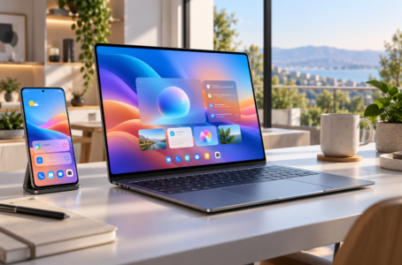Moderner Laptop mit farbiger Benutzeroberfläche neben einem Android-Smartphone auf einem Schreibtisch