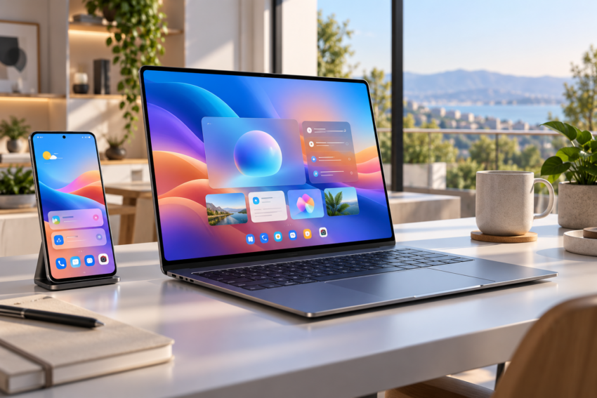 Moderner Laptop mit farbiger Benutzeroberfläche neben einem Android-Smartphone auf einem Schreibtisch