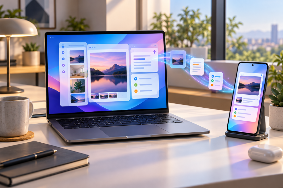 Googlebook-Laptop und Android-Smartphone mit synchronisierten Inhalten auf dem Schreibtisch