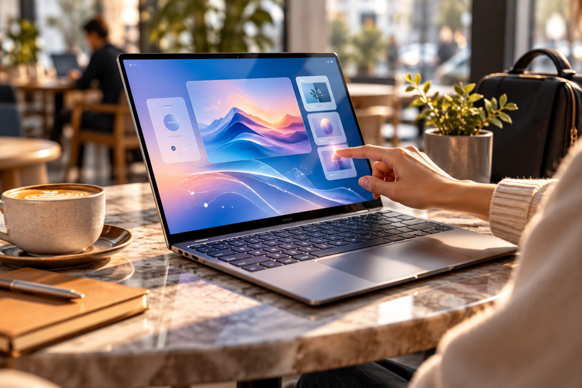 Hand bedient den Touchscreen eines modernen Googlebook-Laptops