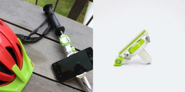 Wir haben die universelle Bluetooth Selfie Stick Halterung Selfski getestet (Foto links: Heilmann / rechts: Selfskie)