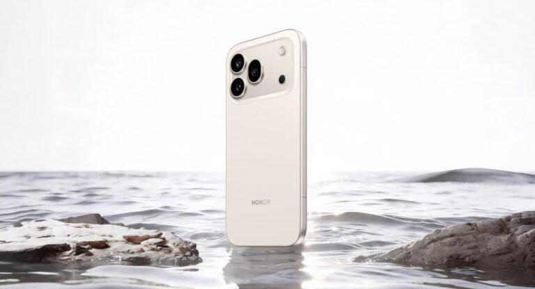 HONOR 600 Serie als modernes Smartphone vor goldenem Wasserhintergrund mit fließenden Lichtreflexen
