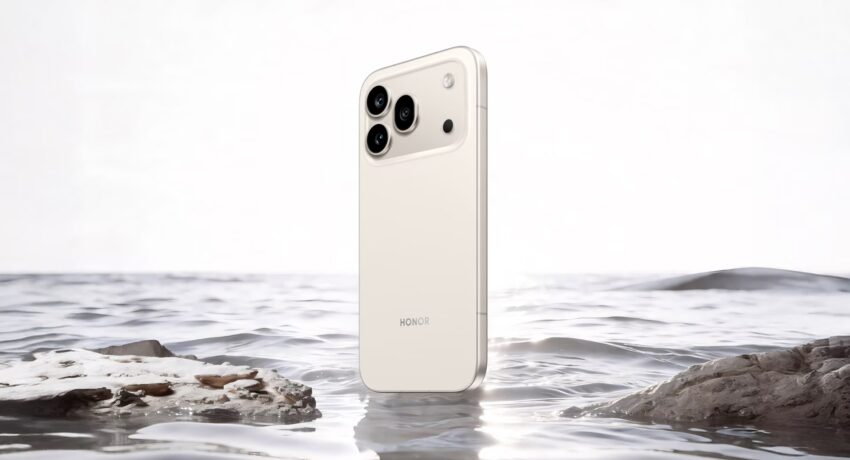 HONOR 600 Serie als modernes Smartphone vor goldenem Wasserhintergrund mit fließenden Lichtreflexen